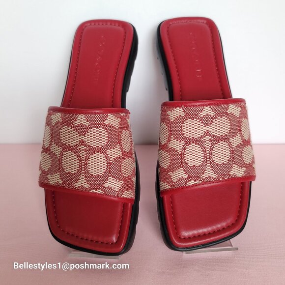 COACH FLORENCE Signature Logo Jacquard Slide Sandals- Ruby multi-Women’s Size 6B - Picture 10 of 16